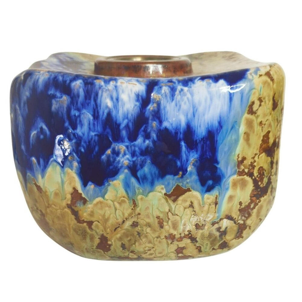 Japanese Studio Pottery Jardinière Square Planter With Abstract Glaze Blue Brown - Picture 2 of 12